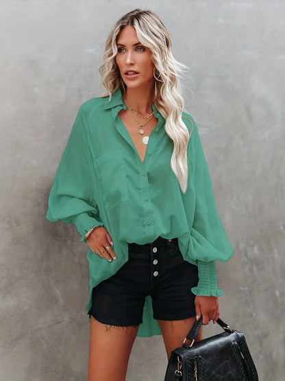 Women's Striped Print Button Front Frill Trim Raglan Sleeve Pocket Shirt, Clothes for Women, Going Out Tops, Shirts for Women, Casual Long Sleeve Shirred High Low Top for Daily Wear, Fall Tops Preppy 80s Clothes, Women's Clot