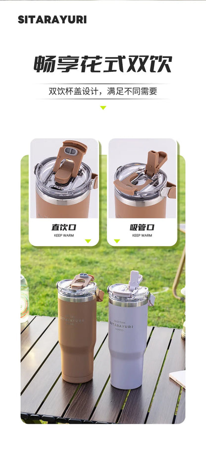 600-900ML Large Capacity Handheld  Stainless Steel Thermos Bottle Bing Ba Water Bottle Double Drinking Straw Thermo Bottle