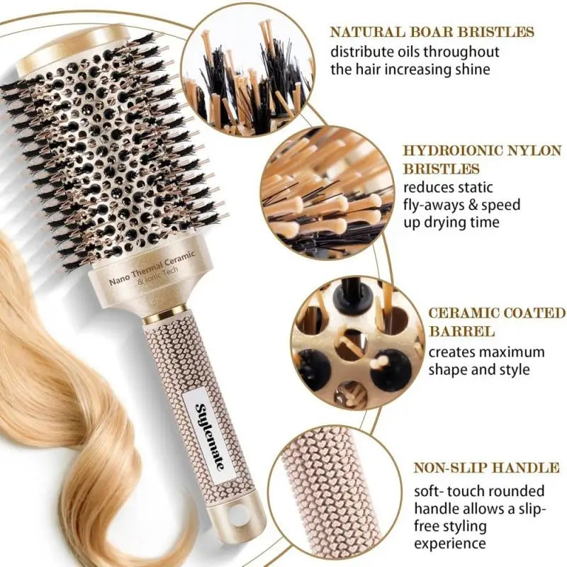 Golden Ceramic Pig Hair Comb: Aluminum Tube Thermal Conductive Curling Tool for Hair Styling/Scalp Massage
