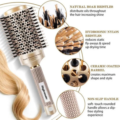 Golden Ceramic Pig Hair Comb: Aluminum Tube Thermal Conductive Curling Tool for Hair Styling/Scalp Massage