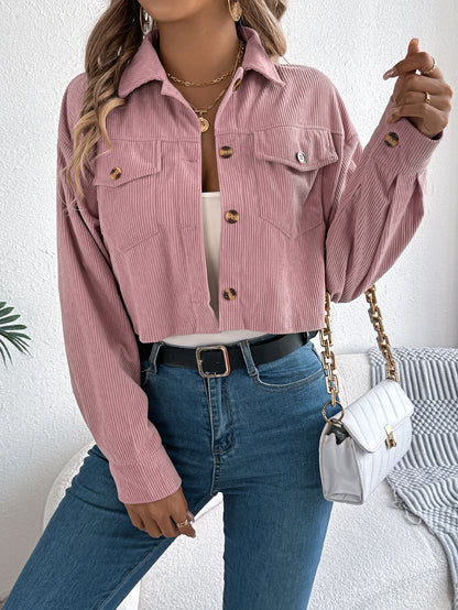 Crop Jacket Woman Casual Pocket Single Breasted Long Sleeve Lapel Black Pink Khaki Short Corduroy Coats