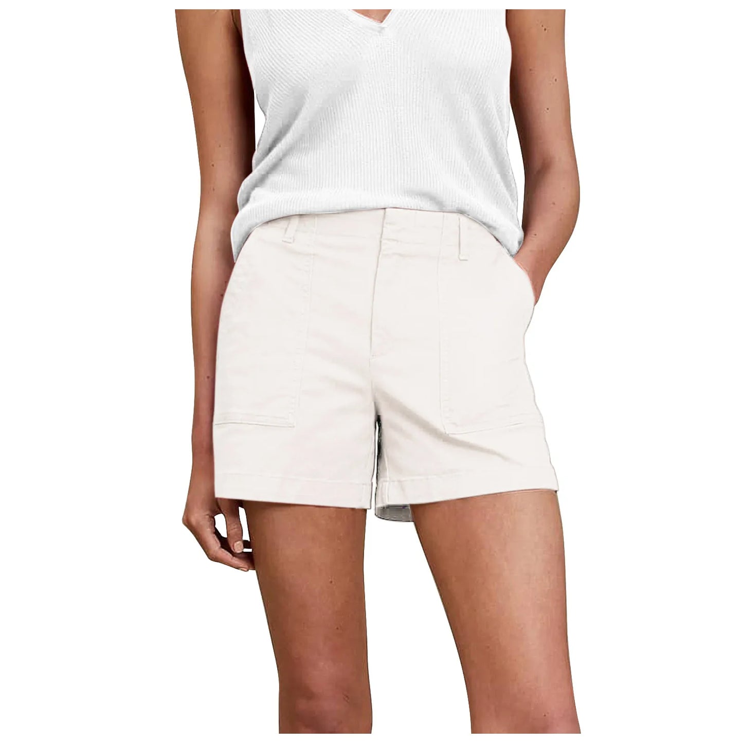 Solid Color Retro Stretch Twill Short Side Pockets Soft Feel Flattering Fit Pants Versatile Elastic Waist Fashion Summer Women