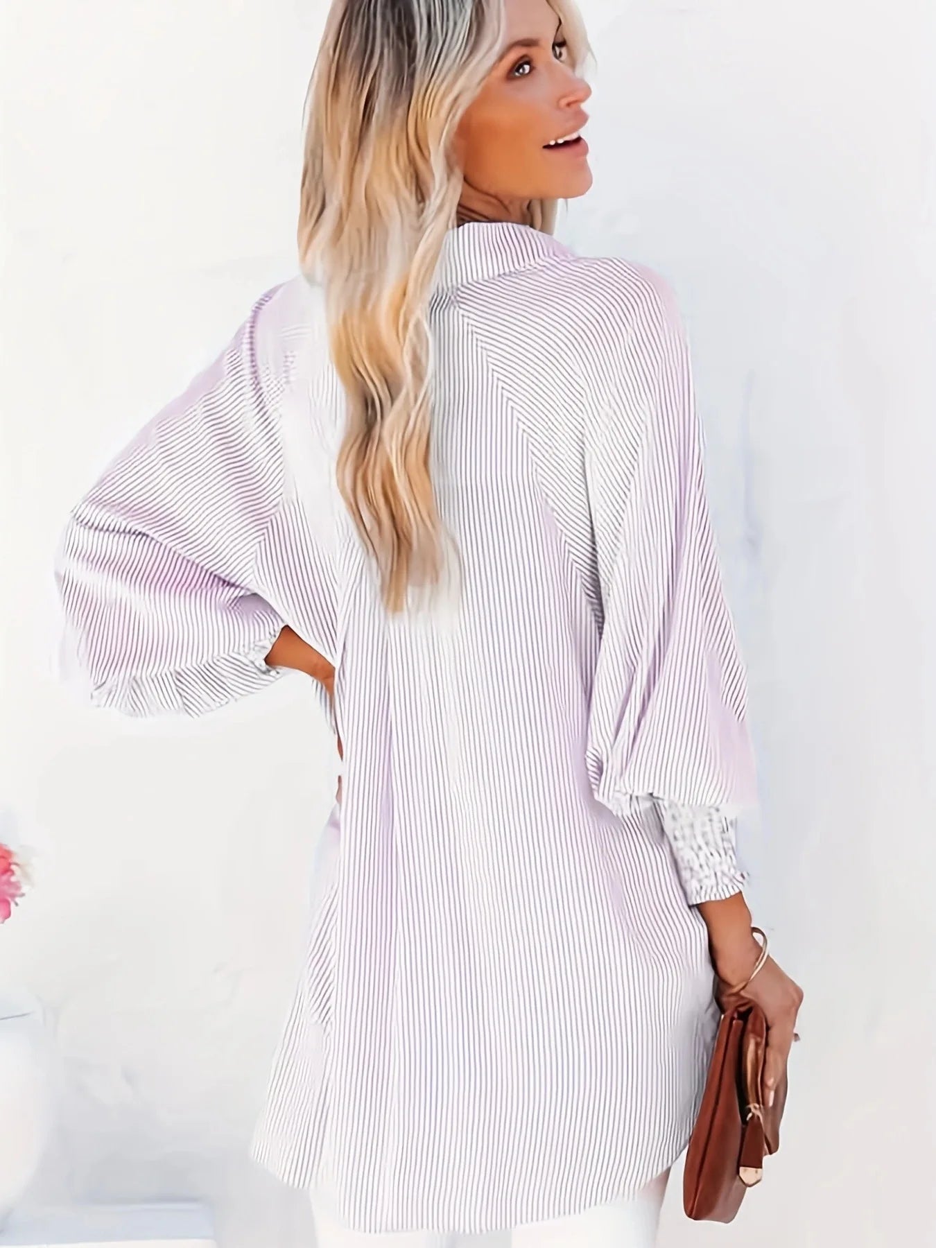 Women's Striped Print Button Front Frill Trim Raglan Sleeve Pocket Shirt, Clothes for Women, Going Out Tops, Shirts for Women, Casual Long Sleeve Shirred High Low Top for Daily Wear, Fall Tops Preppy 80s Clothes, Women's Clot