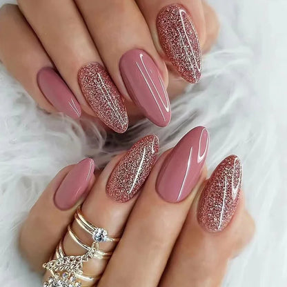 24pcs Detachable Almond French False Nails DIY Glitter Design Press on Nails Fake Nials DIY Manicure Nail Tips