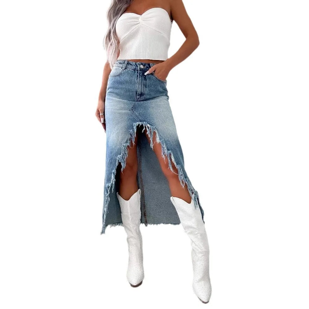 High-Waisted Irregular Burlap Denim Skirt Women's Do Old Washed Half-Body Skirt Denim Casual Skirt Women's