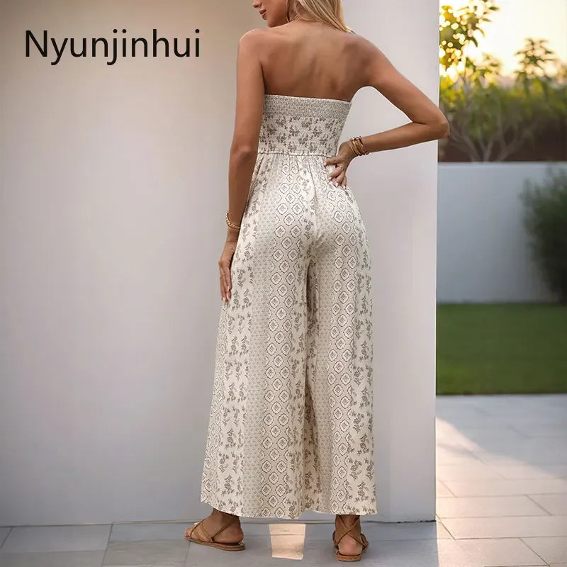 European and American Jumpsuits for Women Clothing Vacation Style Sleeveless Tube Top Geometric Printing Jumpsuit