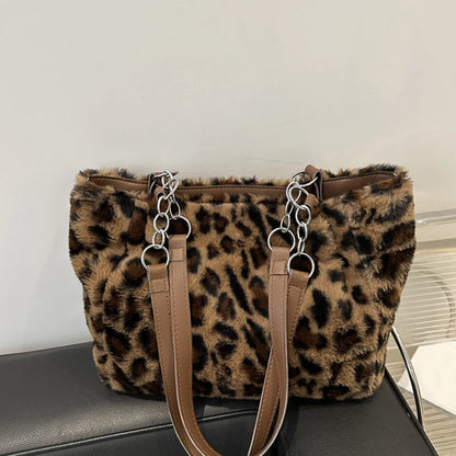 Leopard Print Fur Bags Women Fashion Portable Faux Fur Handbags Winter Soft Warm Bag Girls Fluffy Large Capacity Tote Purse