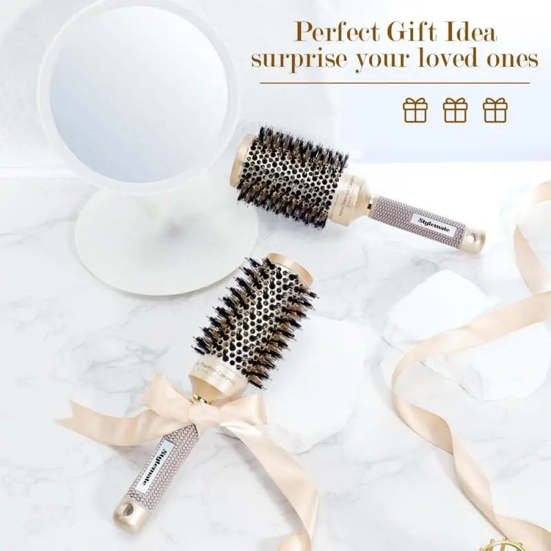 Golden Ceramic Pig Hair Comb: Aluminum Tube Thermal Conductive Curling Tool for Hair Styling/Scalp Massage