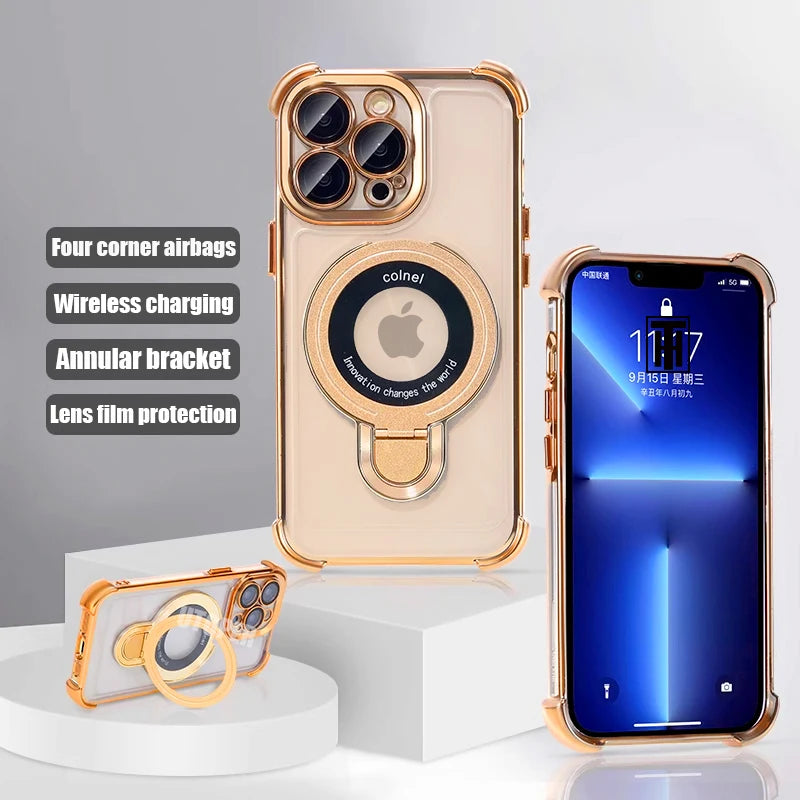 New Strong Magsafe Magnetic Ring Stand for iPhone 16 15 14 13 11 12 Pro Max Plus Military Shockproof Slim Plating Clear Cover