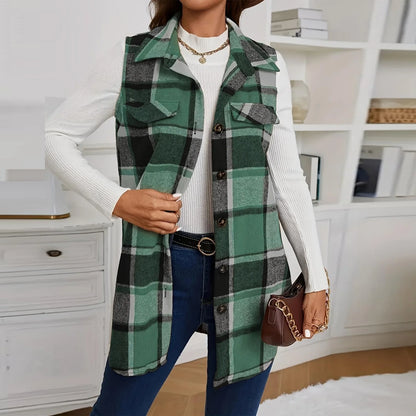 Check Print Sleeveless Jacket with Flap Details – Stylish Plaid Sleeveless Coat for Women
