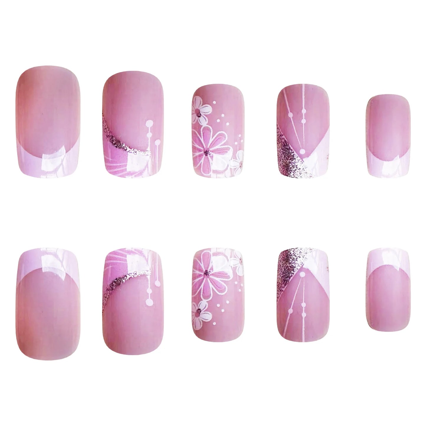 24pcs French False Nails Pink Flowers Short Coffin Fake Nail Tips for Girl Wearable Sweet Korean Simple Nude Pink Press on Nails