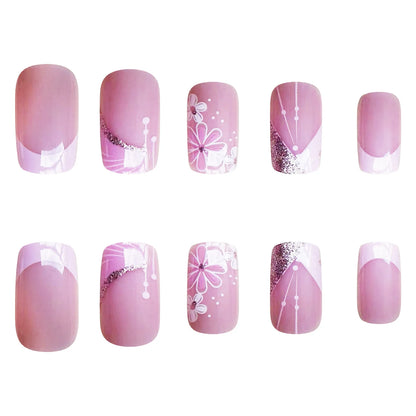 24pcs French False Nails Pink Flowers Short Coffin Fake Nail Tips for Girl Wearable Sweet Korean Simple Nude Pink Press on Nails