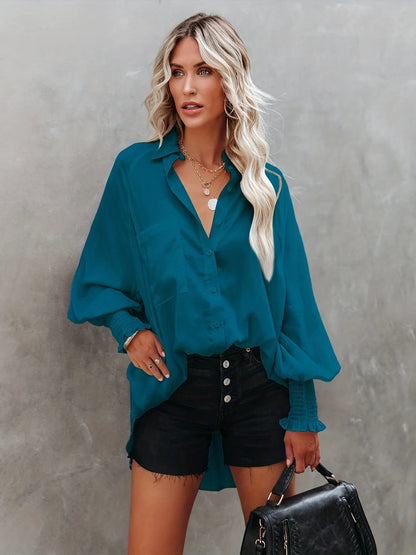 Women's Striped Print Button Front Frill Trim Raglan Sleeve Pocket Shirt, Clothes for Women, Going Out Tops, Shirts for Women, Casual Long Sleeve Shirred High Low Top for Daily Wear, Fall Tops Preppy 80s Clothes, Women's Clot