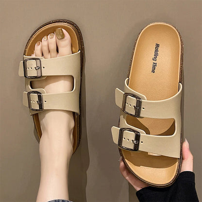 Double Strap Women's Slippers Summer Adjustable Soft Sole Shoes Outdoor Fashion Flat Bottom Sandals Women