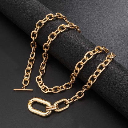 Exaggerated Gold Color Big Elliptical Pendant Necklace for Women Metal Chunky Chain OT Buckle Necklace