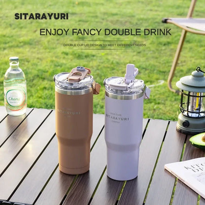 600-900ML Large Capacity Handheld  Stainless Steel Thermos Bottle Bing Ba Water Bottle Double Drinking Straw Thermo Bottle