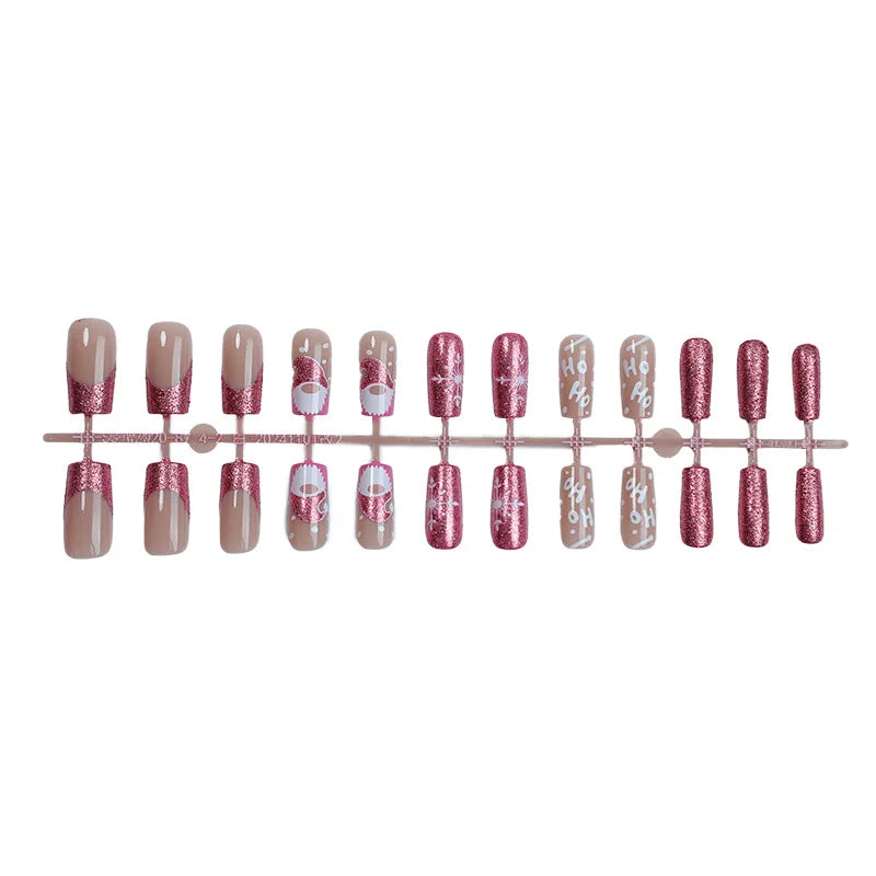 24PCS Shiny Pink Merry Christmas Press-On Nails – Short Square Santa & Snowflake Design 🎅❄️💅