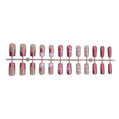 24PCS Shiny Pink Merry Christmas Press-On Nails – Short Square Santa & Snowflake Design 🎅❄️💅