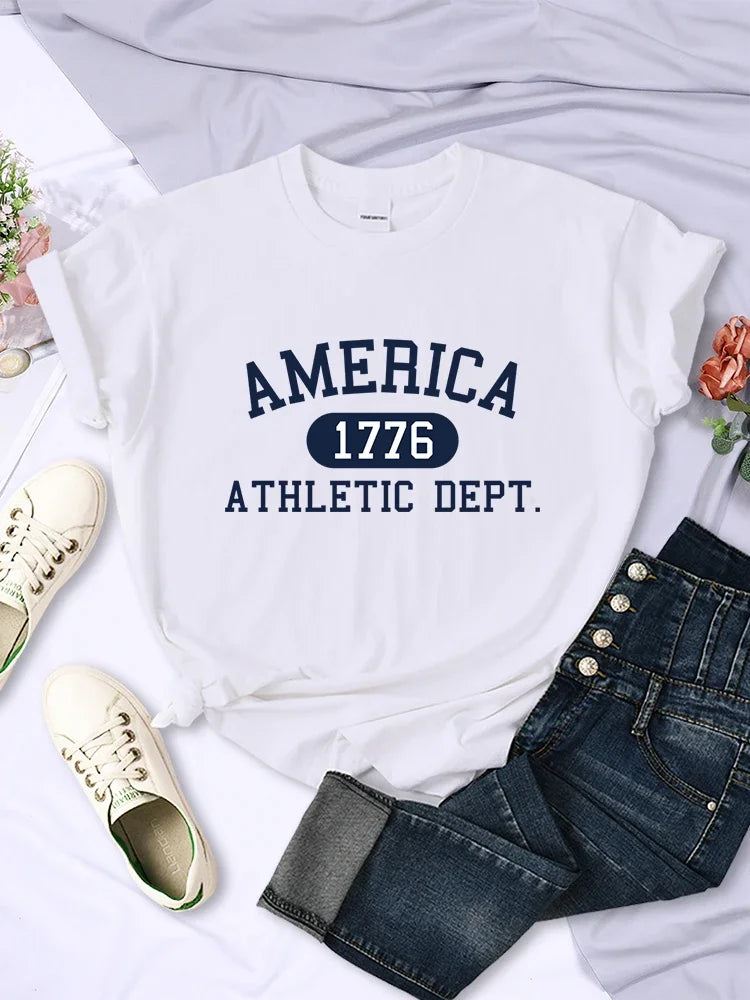 America 1776 Athletic Dept Letter T-Shirt Female Sport Casual Top Cool Hip Hop Tee Shirt Soft Breathable T Shirt Women