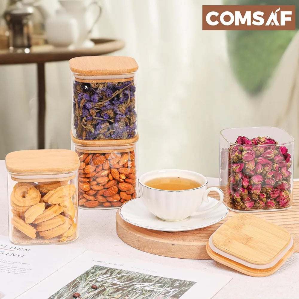 ComSaf 24oz Glass Food Storage Jars Set of 9, Clear Glass Storage Containers with Bamboo Lids, Pantry Organization Jar, Spice