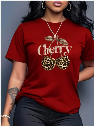 Women's Casual Cherry Print T-Shirt with Leopard Print Cherries & Letter Design - Short Sleeve, Crew Neck  Ladies T Shirts