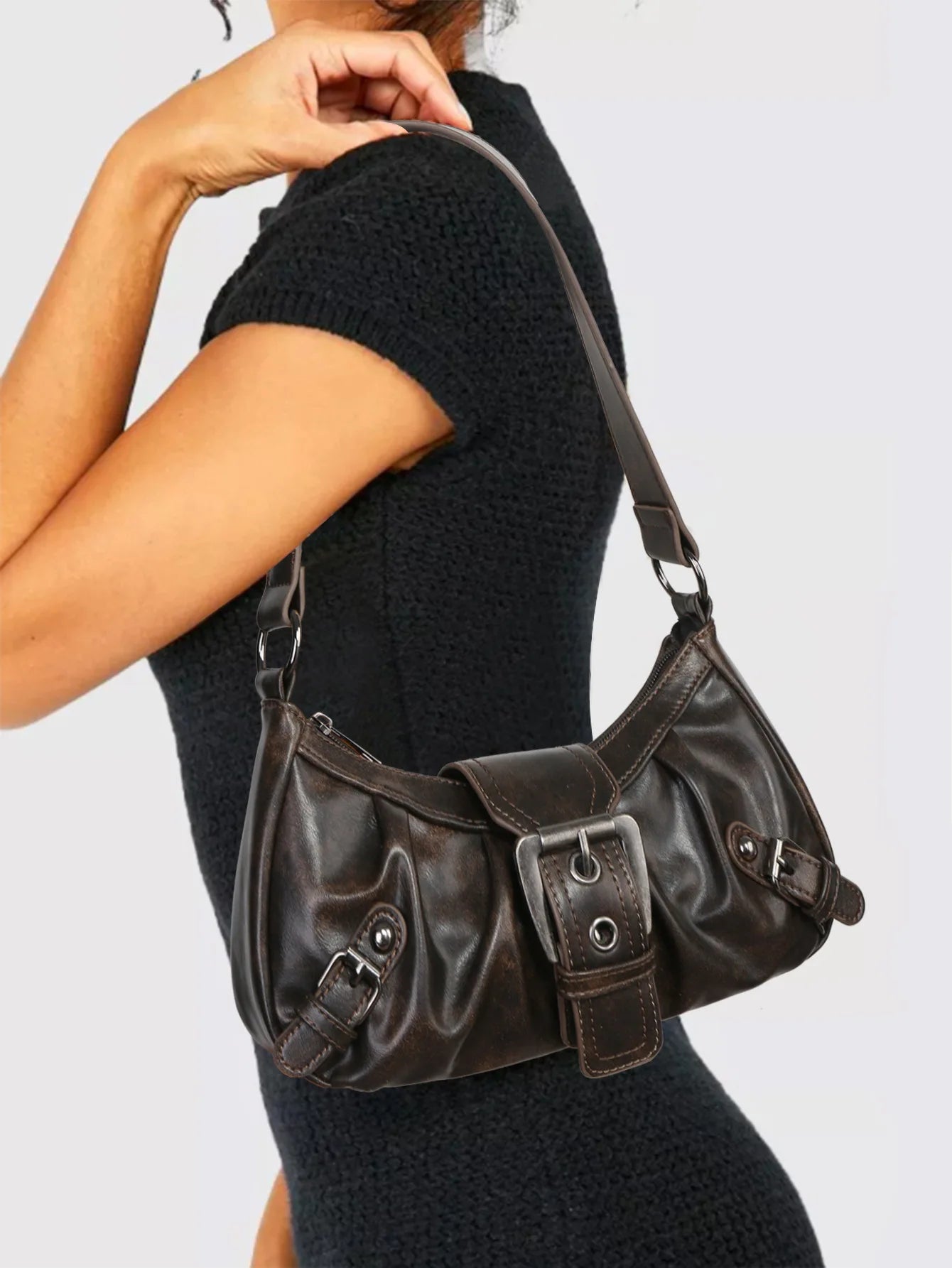 Y2K Punk Style Hobo Bag – Studs & Buckles Shoulder Bag for Women