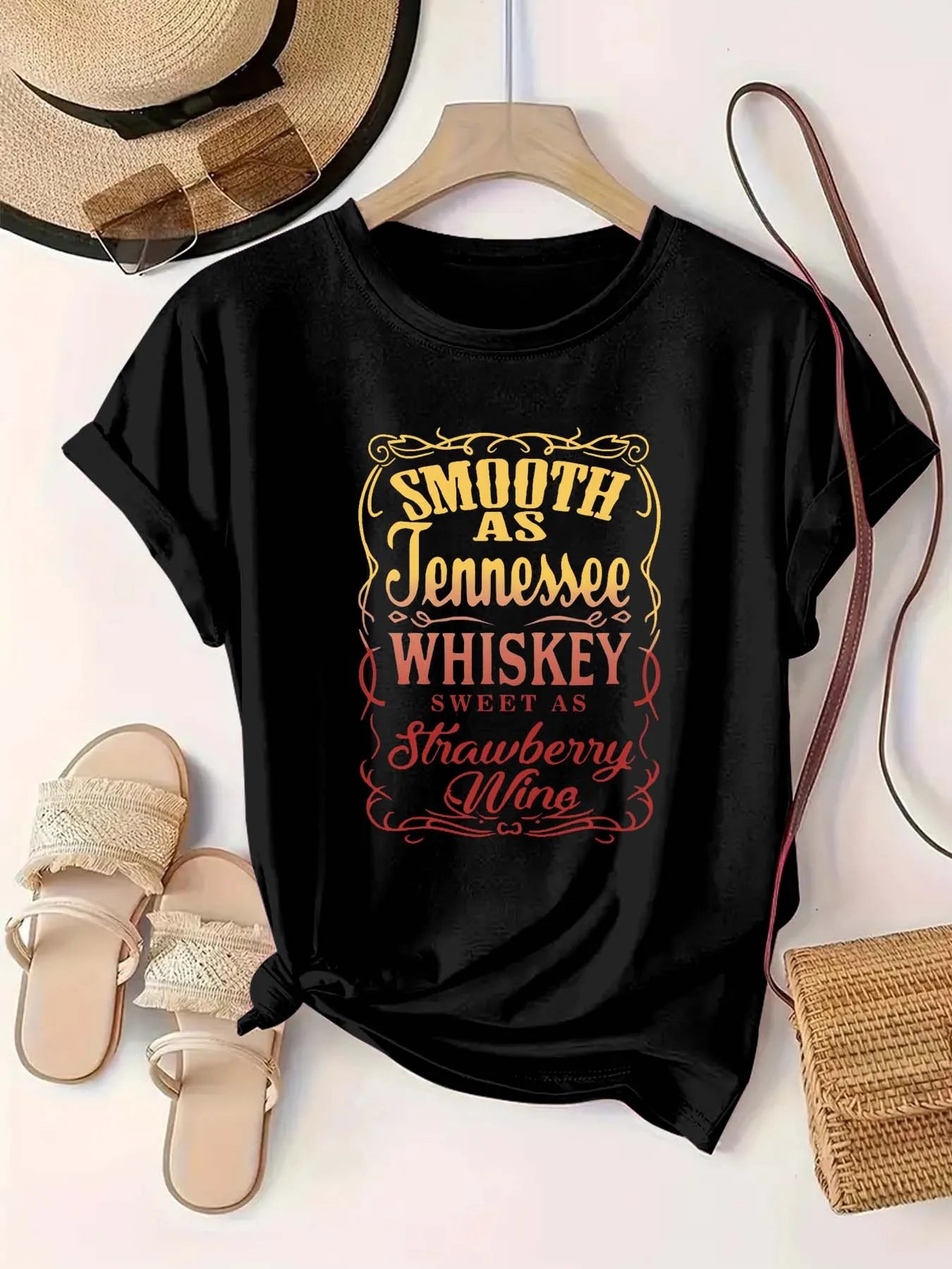 Plus Size Women's Round Neck Whiskey & Strawberry Wine themed Print Short Sleeve T Shirt Summer Casual Trendy Tops