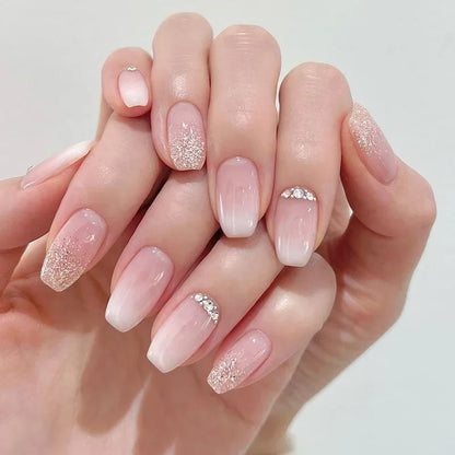 Glossy Press on Nails Set Short Oval Shiny Gradient French Nail Art Design Reusable Full Cover Fake Nails with Glue for Girls