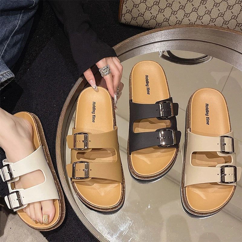 Double Strap Women's Slippers Summer Adjustable Soft Sole Shoes Outdoor Fashion Flat Bottom Sandals Women