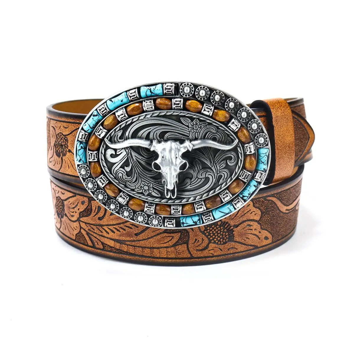 Western Cowboy Cowgirl PU Belts - Women Men Turquoise Embossed Waist Belts With LongHorn Bull Buckles Fit