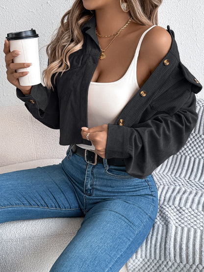 Crop Jacket Woman Casual Pocket Single Breasted Long Sleeve Lapel Black Pink Khaki Short Corduroy Coats