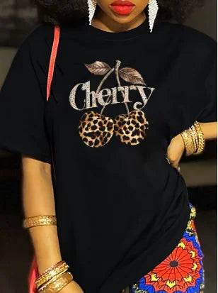 Women's Casual Cherry Print T-Shirt with Leopard Print Cherries & Letter Design - Short Sleeve, Crew Neck  Ladies T Shirts