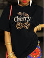 Women's Casual Cherry Print T-Shirt with Leopard Print Cherries & Letter Design - Short Sleeve, Crew Neck  Ladies T Shirts