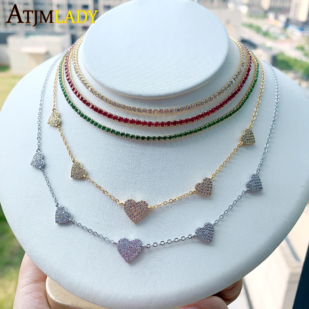 High Quality Micro Pave White CZ Heart Charm Link Chain Necklace Minimal Delicate Fashion Jewelry