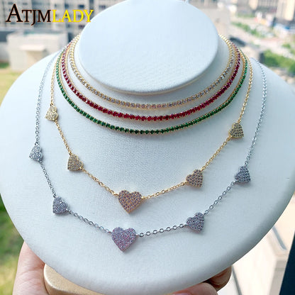 High Quality Micro Pave White CZ Heart Charm Link Chain Necklace Minimal Delicate Fashion Jewelry