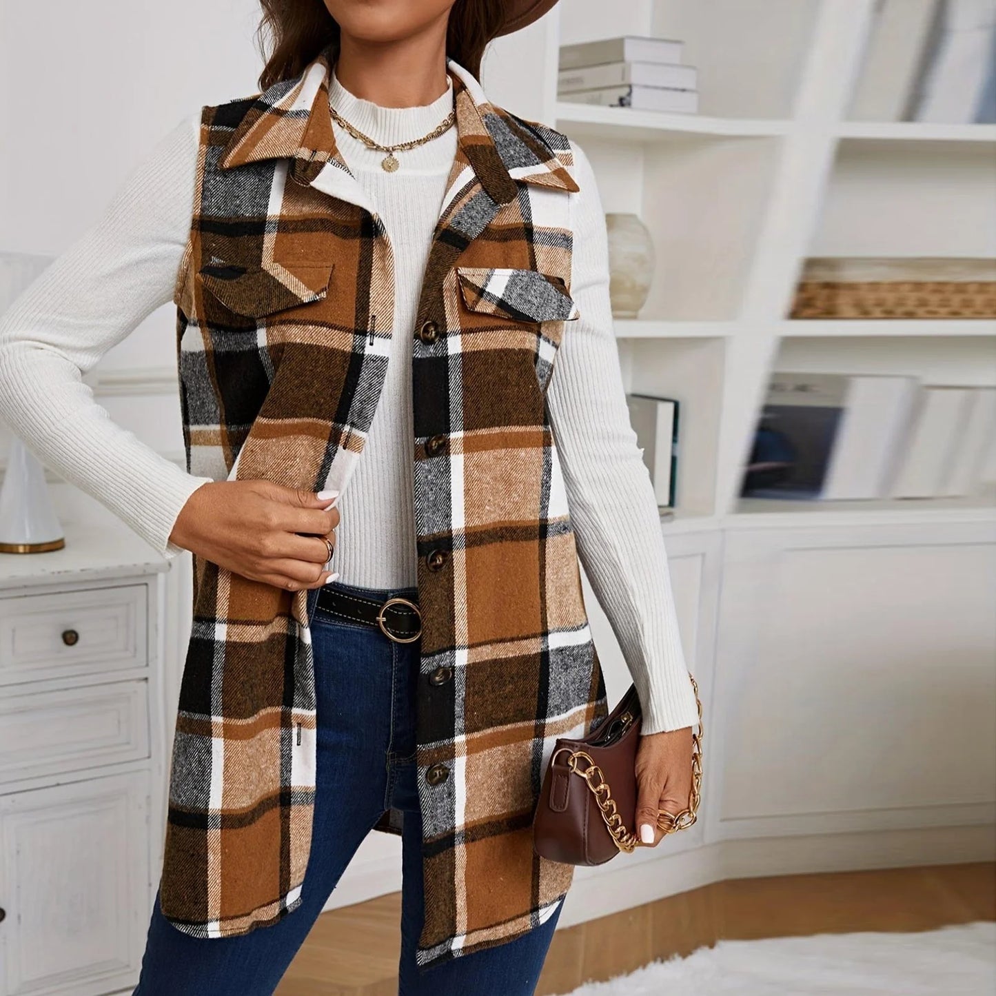 Check Print Sleeveless Jacket with Flap Details – Stylish Plaid Sleeveless Coat for Women