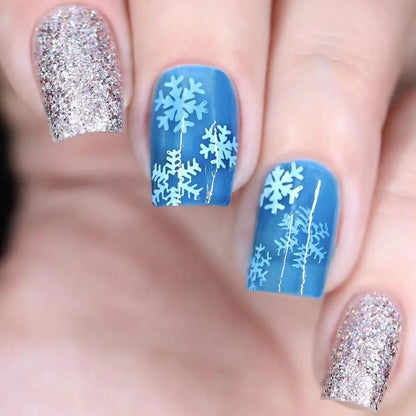 24pcs Merry Christmas Press On Nails Glitter Blue Short Square False Nail With Snowflake Designs French Fake Nail