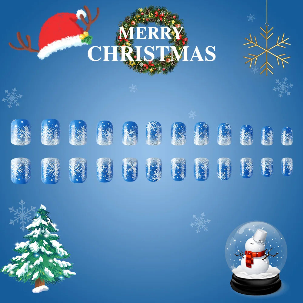 24pcs Merry Christmas Press On Nails Glitter Blue Short Square False Nail With Snowflake Designs French Fake Nail