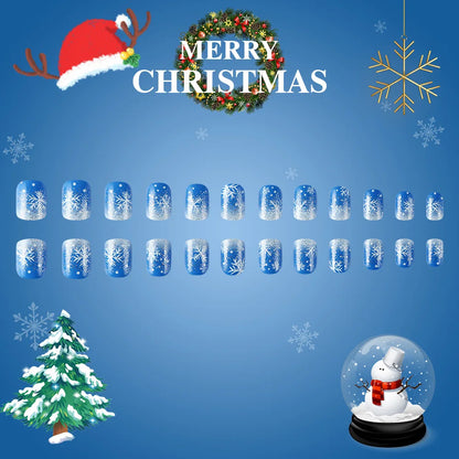 24pcs Merry Christmas Press On Nails Glitter Blue Short Square False Nail With Snowflake Designs French Fake Nail