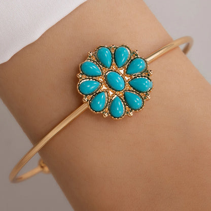 Vintage Green Stone Bracelets for Women Luxury Crystal Stone Flowers Opening Bangle Adjustable Jewelry Accessories