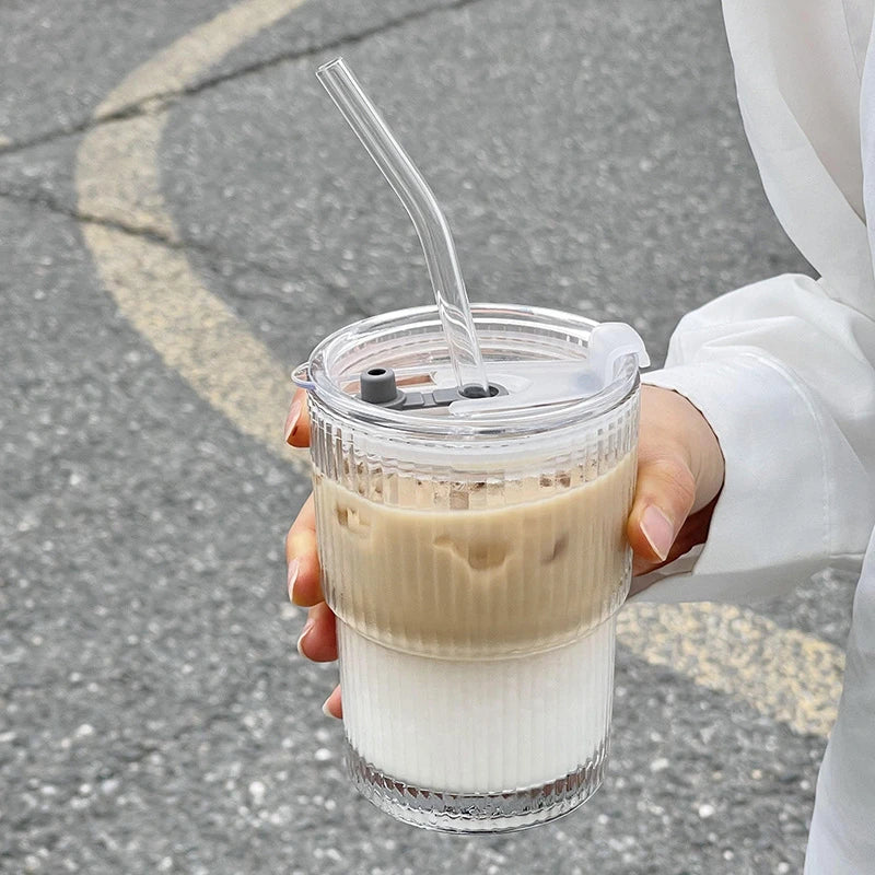 1/2PCS Stripe Glass Cup with Lid and Straw Transparent Glasses Drinkware Cup Ice Coffee Mug Tea Milk Juice Water Cup Glass Mug