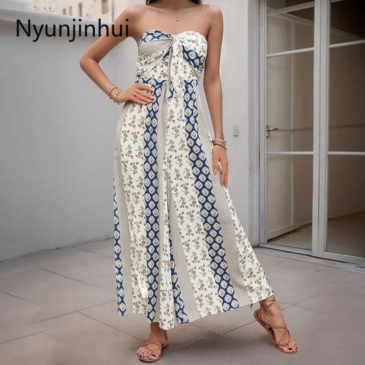 European and American Jumpsuits for Women Clothing Vacation Style Sleeveless Tube Top Geometric Printing Jumpsuit