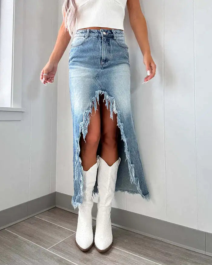 High-Waisted Irregular Burlap Denim Skirt Women's Do Old Washed Half-Body Skirt Denim Casual Skirt Women's