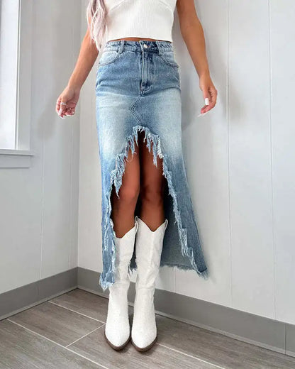 High-Waisted Irregular Burlap Denim Skirt Women's Do Old Washed Half-Body Skirt Denim Casual Skirt Women's