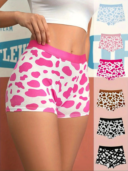 Random 6-piece set of multi-color pure cotton women's briefs with cow print, casual and fashionable, seamless women's underwear