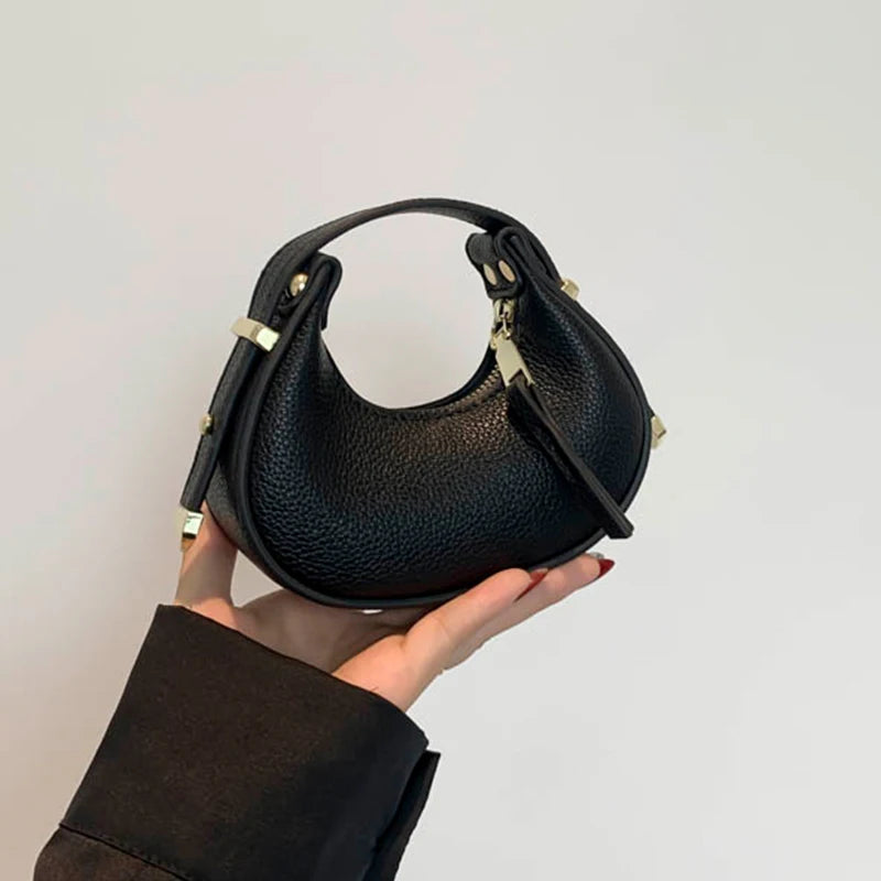 Textured Mini Half Moon Bag Chic Versatile Soft Leather Lipstick Handbags