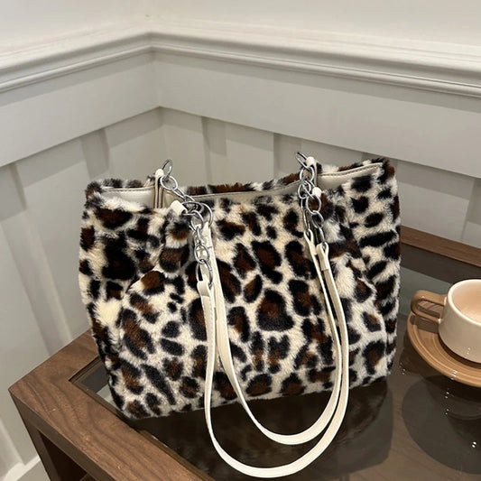 Leopard Print Fur Bags Women Fashion Portable Faux Fur Handbags Winter Soft Warm Bag Girls Fluffy Large Capacity Tote Purse