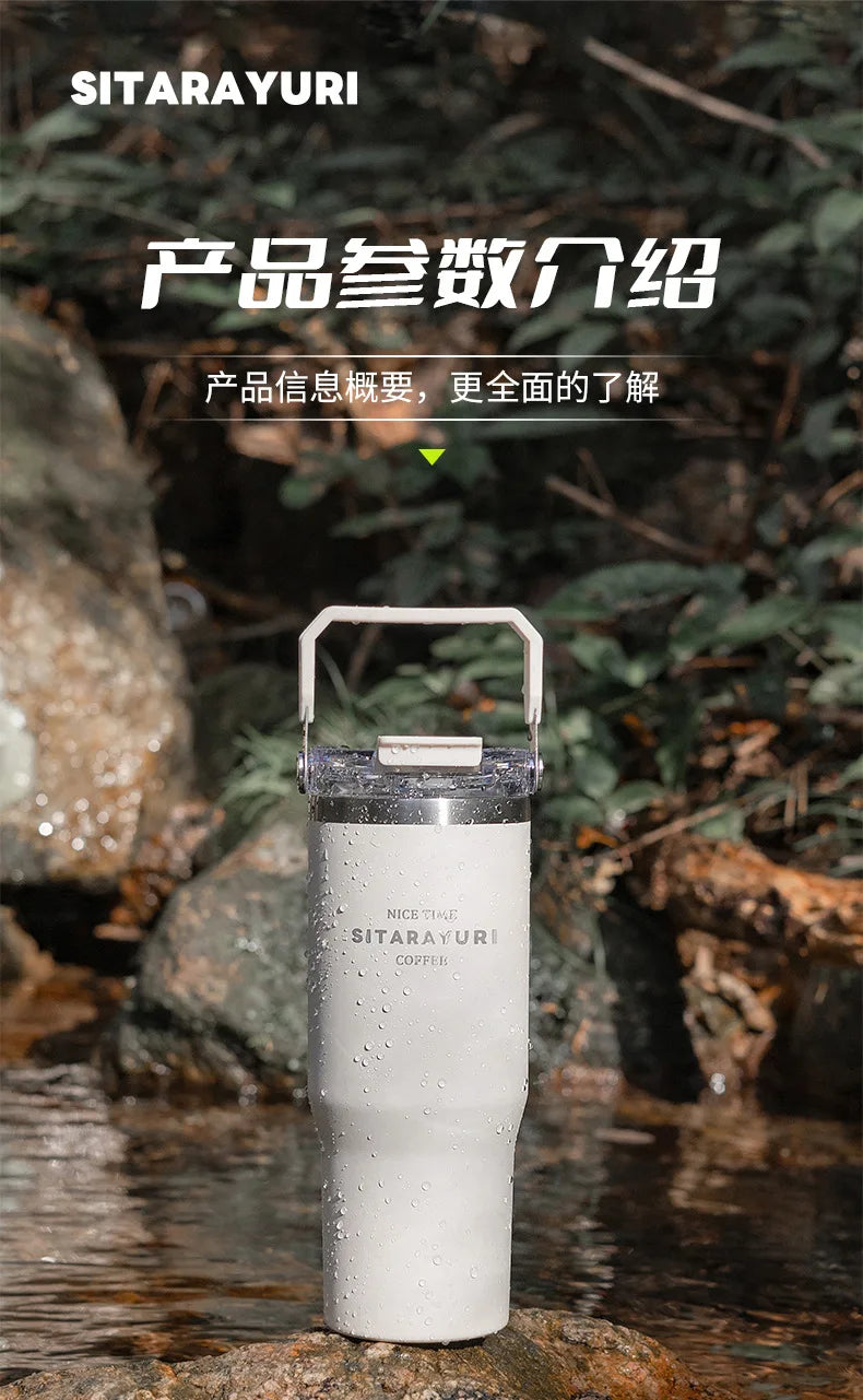 600-900ML Large Capacity Handheld  Stainless Steel Thermos Bottle Bing Ba Water Bottle Double Drinking Straw Thermo Bottle