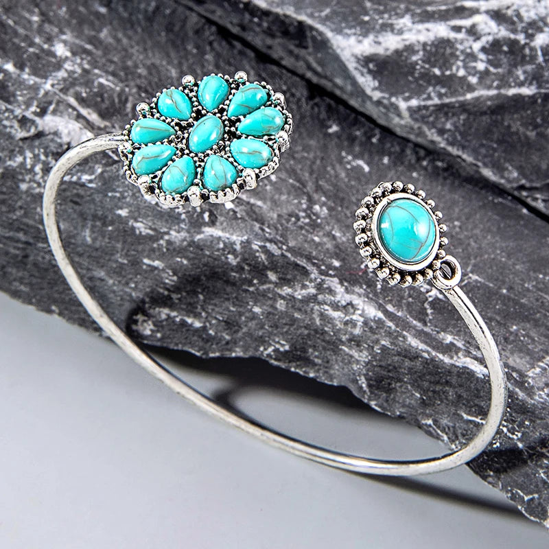 Vintage Green Stone Bracelets for Women Luxury Crystal Stone Flowers Opening Bangle Adjustable Jewelry Accessories