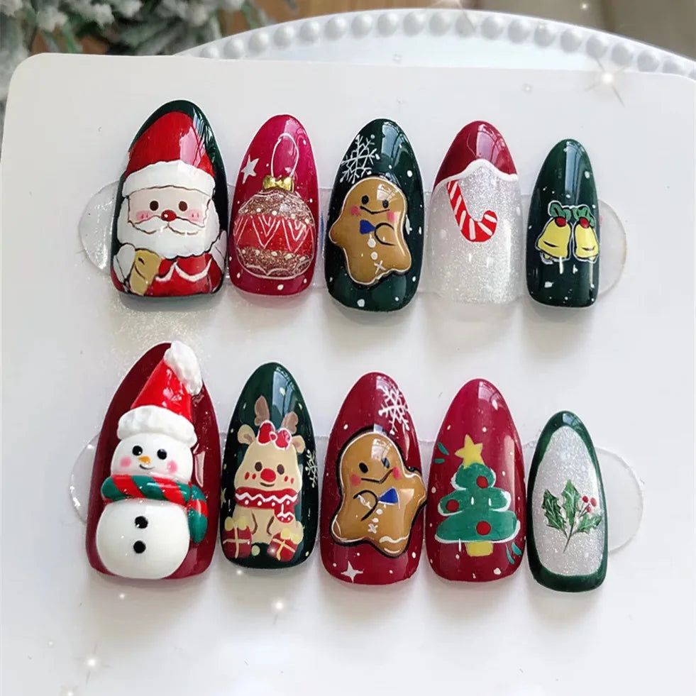 24PCS Christmas Green Monster Press-On Nails – Snowflake & Rhinestone Holiday Nail Art 💅🎄